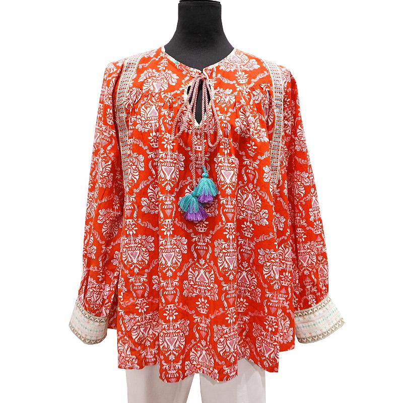 ハンドブロックプリント　ブラウス　JM-241RD　長袖/レッド |  | 01