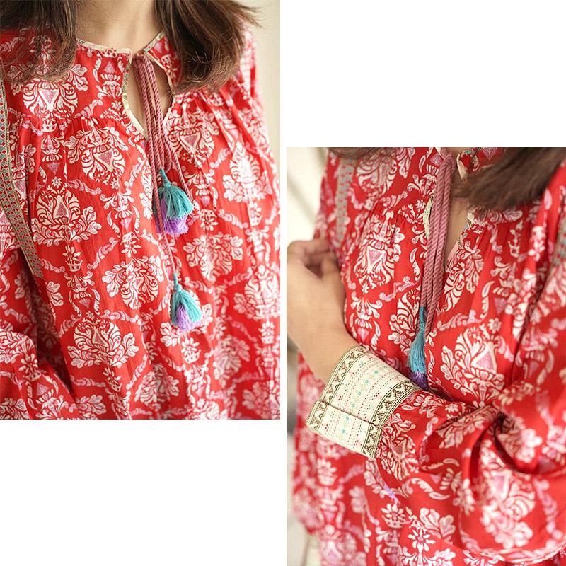 ハンドブロックプリント　ブラウス　JM-241RD　長袖/レッド |  | 08