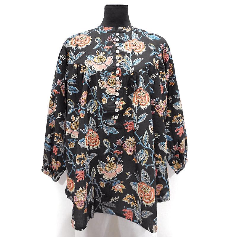 ハンドブロックプリント　ブラウス　JM-348BK　スタンドカラー/ブラック |  | 02