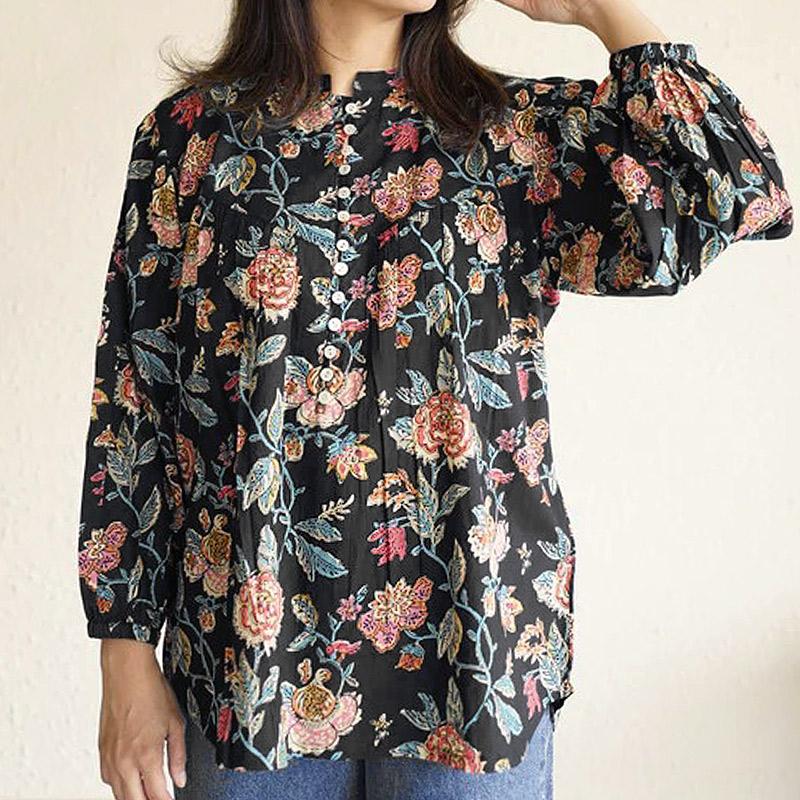 ハンドブロックプリント　ブラウス　JM-348BK　スタンドカラー/ブラック |  | 01