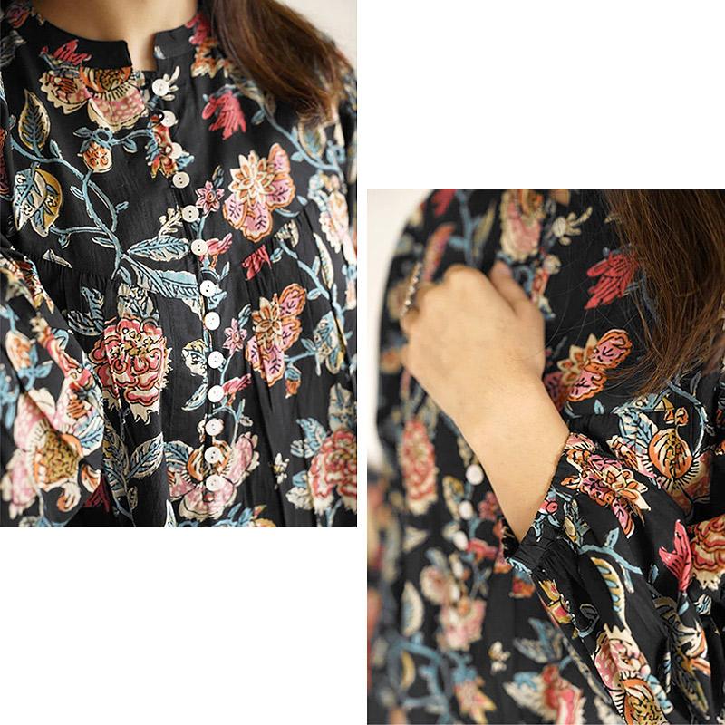 ハンドブロックプリント　ブラウス　JM-348BK　スタンドカラー/ブラック |  | 08