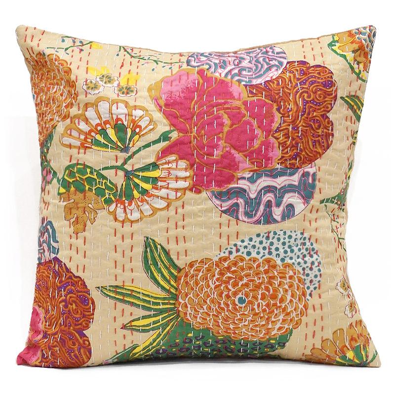 インド製「カンタキルト」クッションカバー◆トロピカル/ベージュ　KCC-FTBG | 