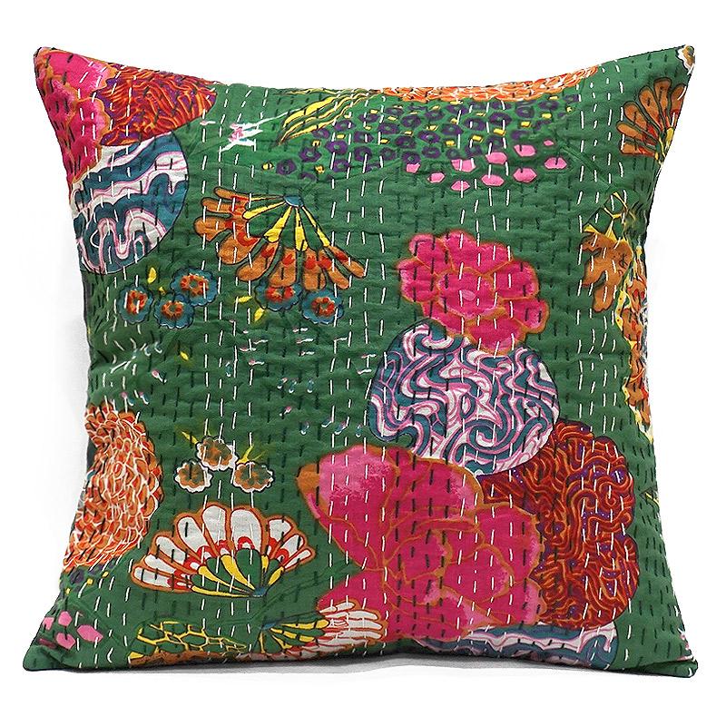 インド製「カンタキルト」クッションカバー◆トロピカル/グリーン　KCC-FTGR | 