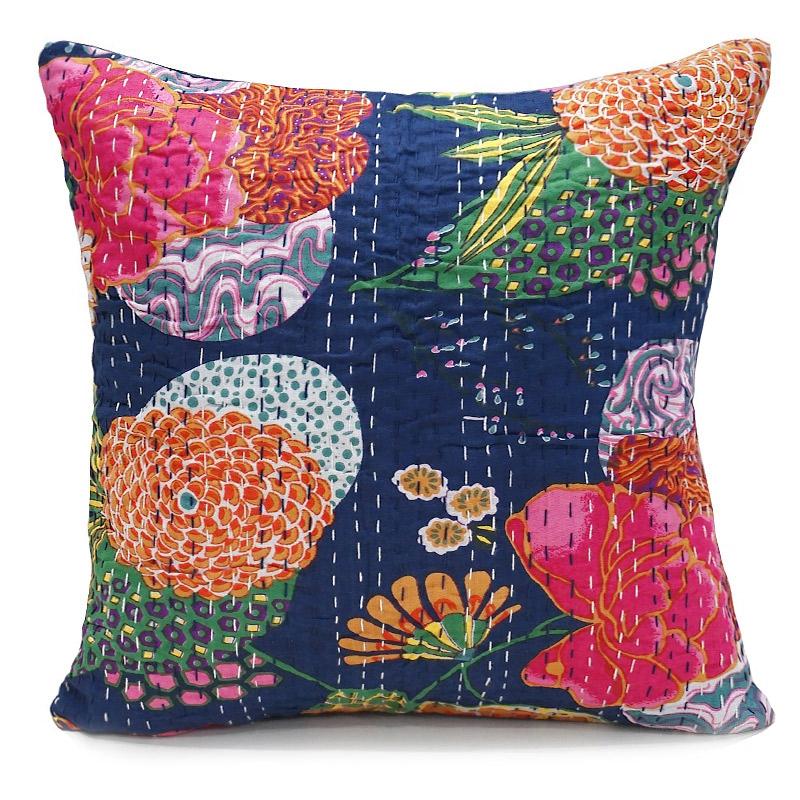 インド製「カンタキルト」クッションカバー◆トロピカル/ネイビー　KCC-FTNV | 