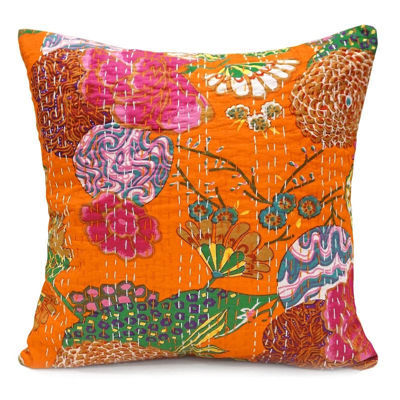 インド製「カンタキルト」クッションカバー◆トロピカル/オレンジ　KCC-FTOR | 