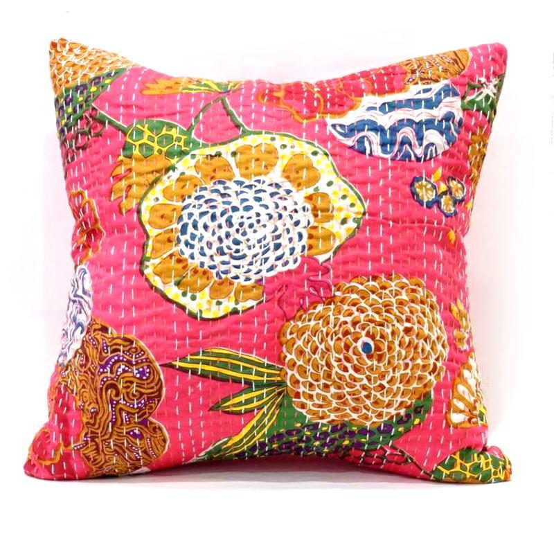 インド製「カンタキルト」クッションカバー◆トロピカル/ピンク　KCC-FTPK | 