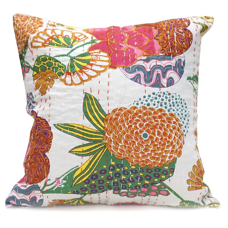 インド製「カンタキルト」クッションカバー◆トロピカル/ホワイト　KCC-FTWT | 