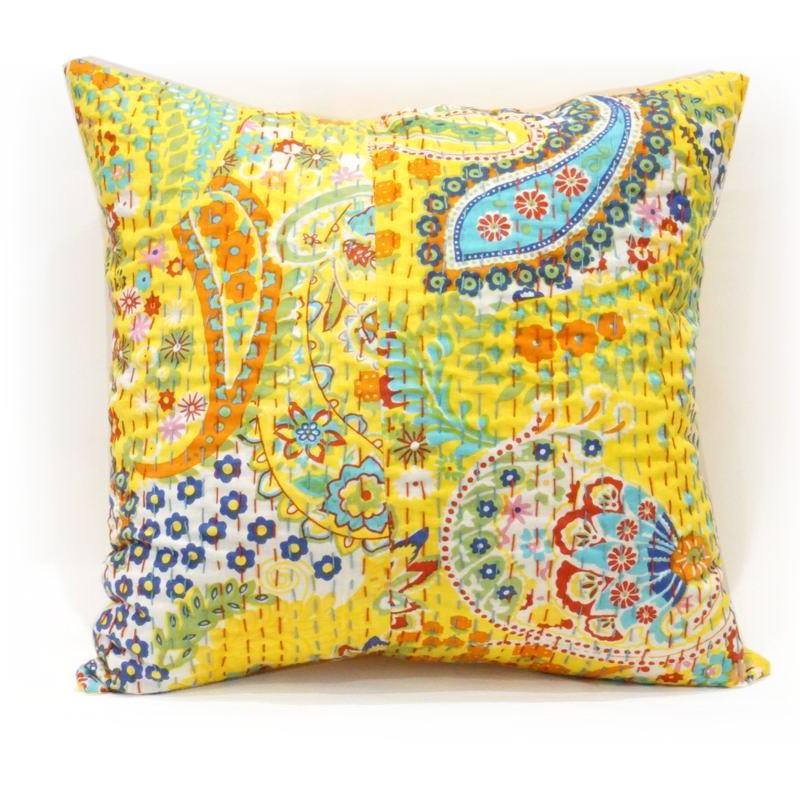 インド製「カンタキルト」クッションカバー◆ペイズリー/イエロー　KCC-PSYL | 
