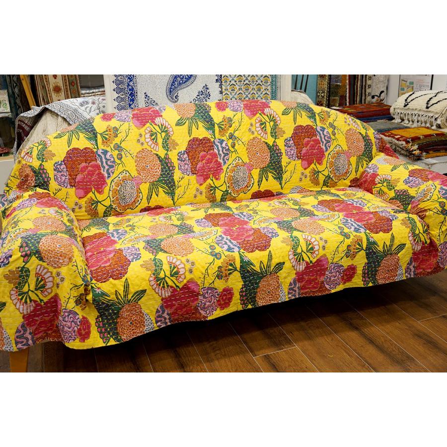 インド製「カンタキルト」マルチカバー◆223x149cm前後◆トロピカル/イエロー　KMC230-YL | 