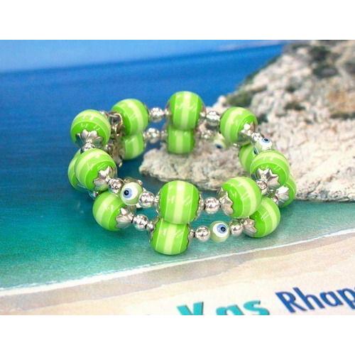 【メール便ＯＫ】トルコ製 ナザールボンジュウ トルコのお守り ぐるぐるブレスレット N-B104 シンプルグリーン | 