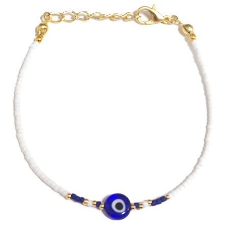 【メール便ＯＫ】ナザールボンジュウ トルコのお守り ビーズブレスレット N-B13448WT ホワイト | 