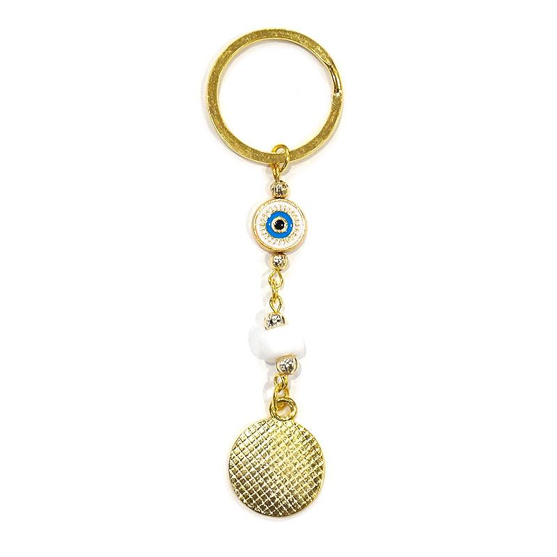 【メール便ＯＫ】トルコ製 ナザールボンジュウキーホルダー　ゴールド×ホワイト　N-K15064WT |  | 01