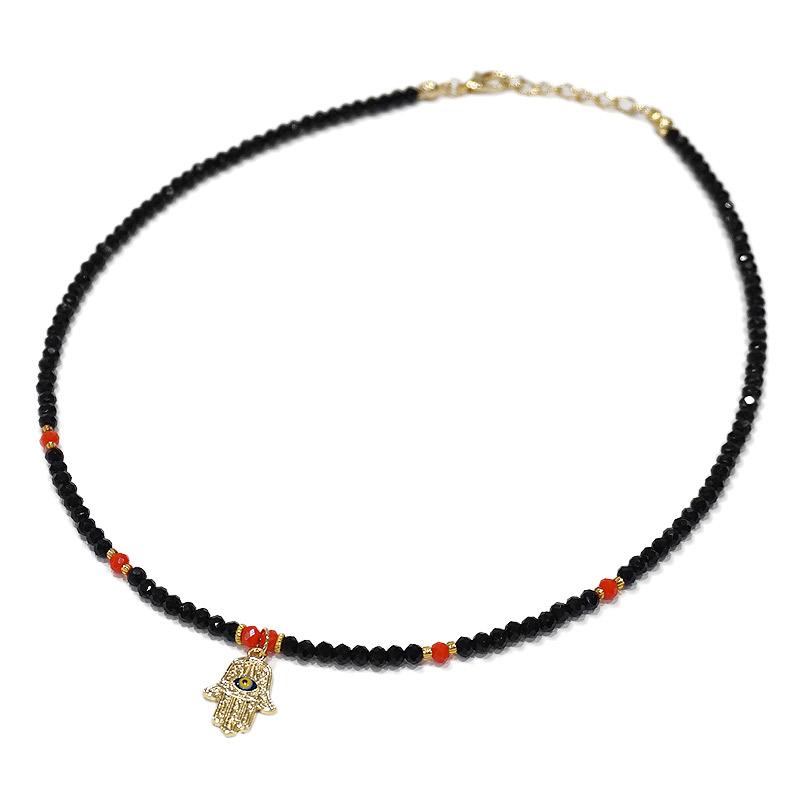 【メール便ＯＫ】トルコ製 ナザールボンジュウ トルコのお守り ビーズネックレス　N-P14483BK　ファティマの手/ブラック | 