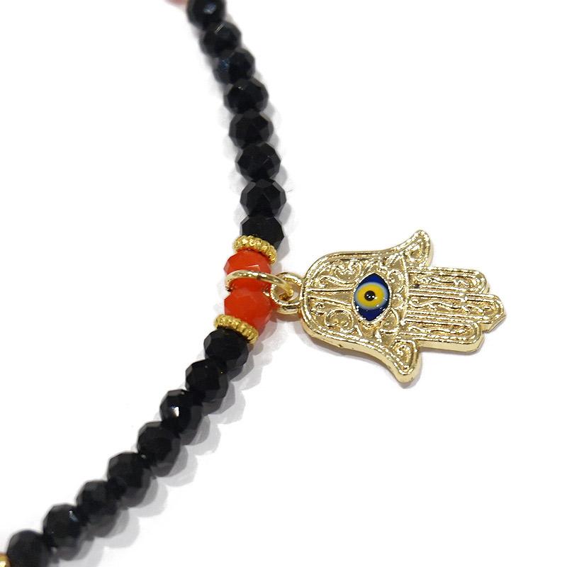 【メール便ＯＫ】トルコ製 ナザールボンジュウ トルコのお守り ビーズネックレス　N-P14483BK　ファティマの手/ブラック |  | 01