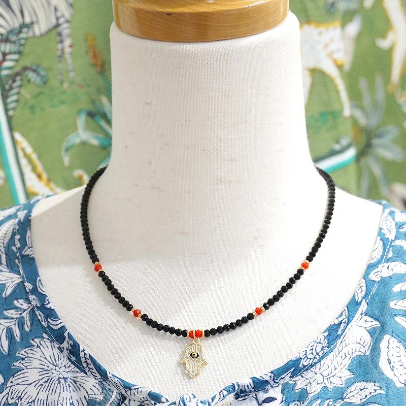 【メール便ＯＫ】トルコ製 ナザールボンジュウ トルコのお守り ビーズネックレス　N-P14483BK　ファティマの手/ブラック |  | 03