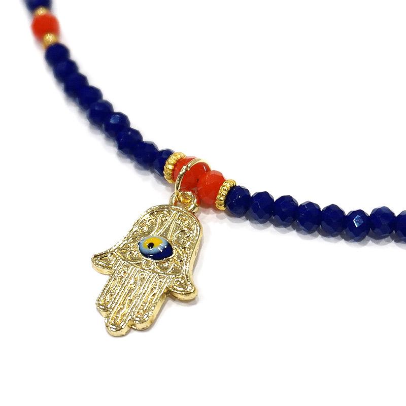 【メール便ＯＫ】トルコ製 ナザールボンジュウ トルコのお守り ビーズネックレス　N-P14483NV　ファティマの手/ネイビー |  | 01