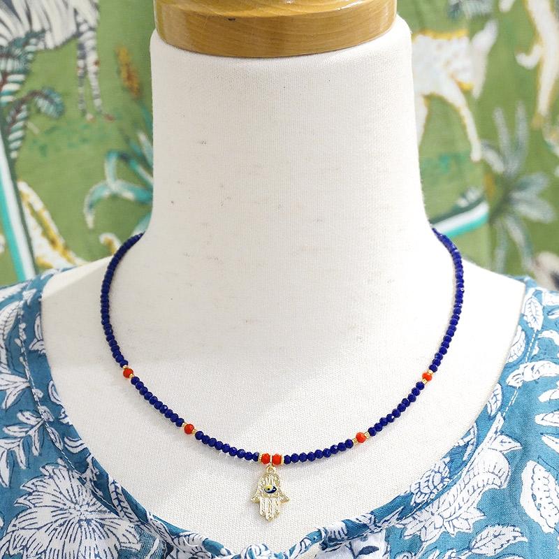 【メール便ＯＫ】トルコ製 ナザールボンジュウ トルコのお守り ビーズネックレス　N-P14483NV　ファティマの手/ネイビー |  | 03