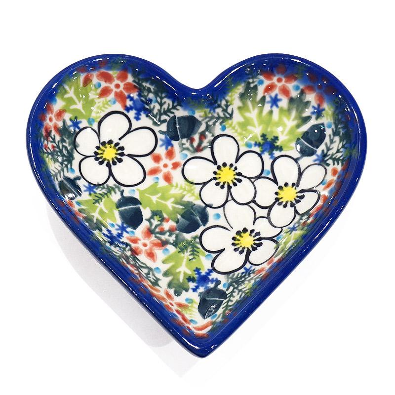 ポーランド陶器　ポーリッシュポタリー 「VENA」 ハートプレート　V392-U613　白い花 | 