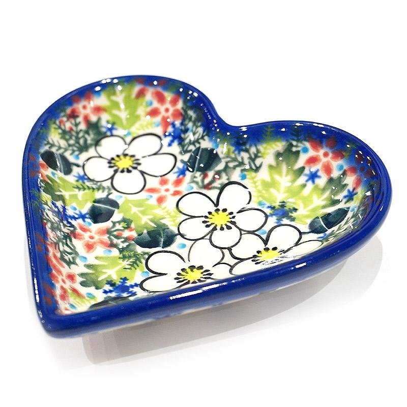 ポーランド陶器　ポーリッシュポタリー 「VENA」 ハートプレート　V392-U613　白い花 |  | 01