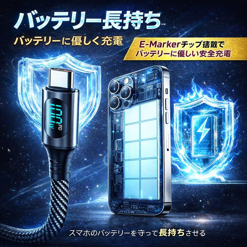 TRS typeC to PD対応最大120W 急速充電 リアルタイム表示 充電ケーブル