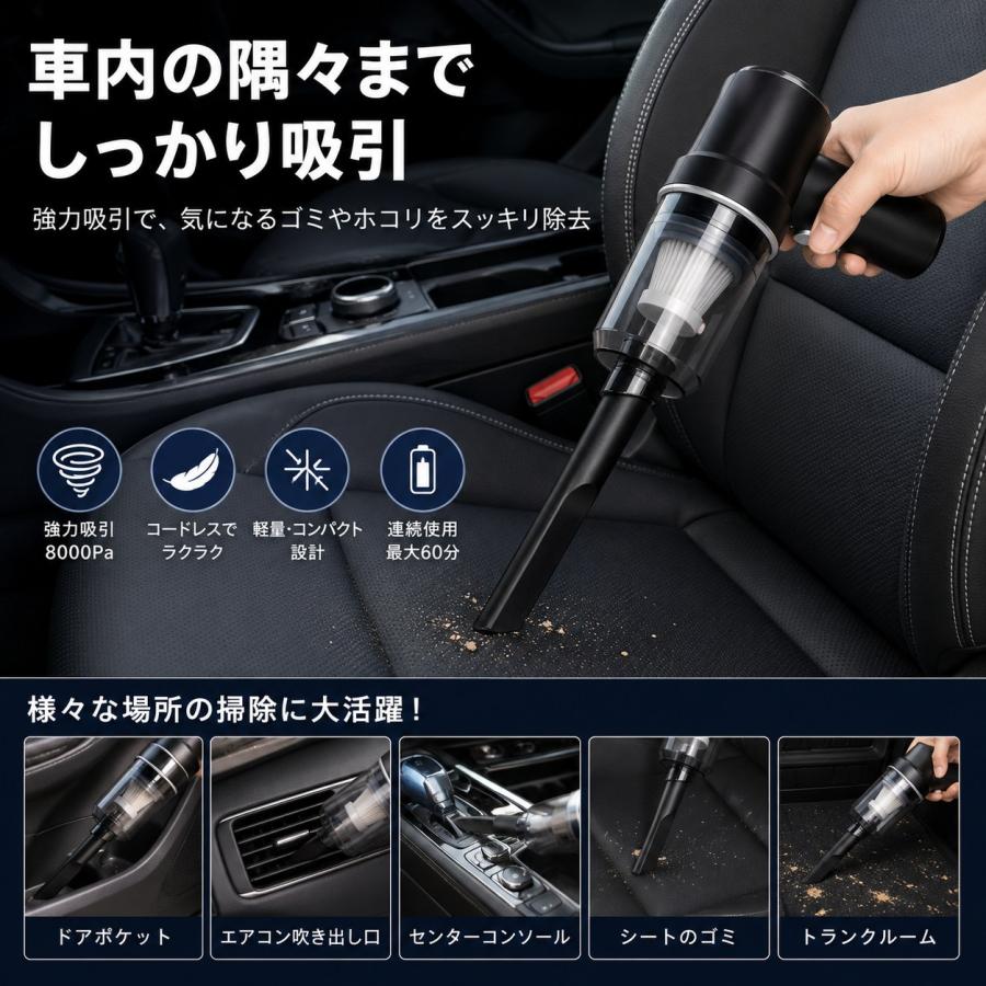 TRS 車用掃除機 ハンディクリーナー コードレス 8000Pa 強力吸引 USB