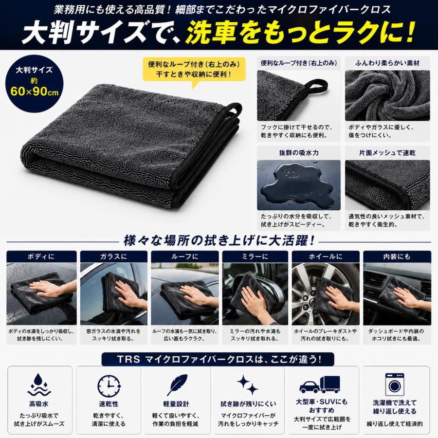 TRS 大判マイクロファイバークロス 60×90cm 超吸水 洗車クロス 拭き