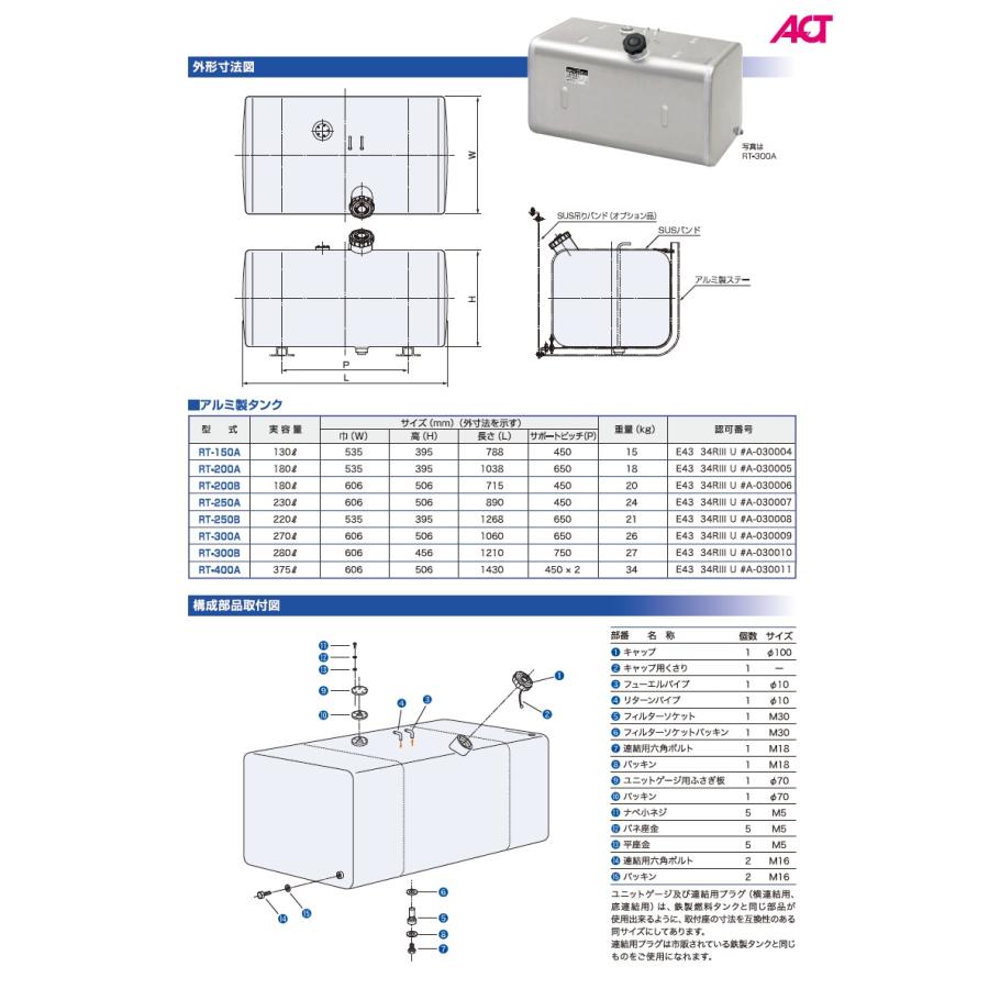アルミタンク、テール、ロアパネルセット メーカー直送品 RT-300B 日軽フューエルタンク 軽量アルミタンク 280L