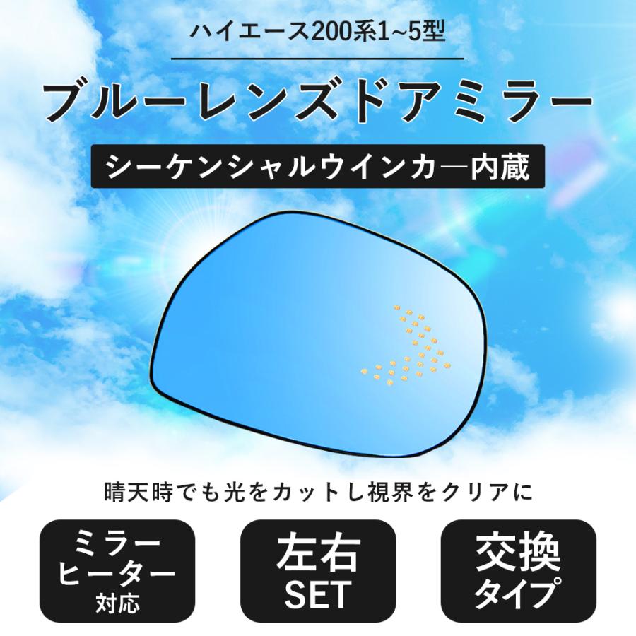 200系ハイエース  ドアミラー左右セット　ブルーミラーレンズ&ミラーカバーセット エセックス(ESSEX/CRS) 広角サイドミラーレンズ左右セット【ブルー