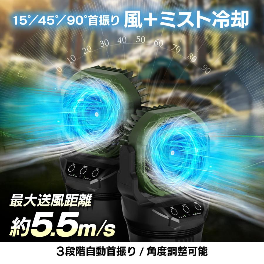 扇風機 ミストファン 自動首振り 角度調節 充電式 USB 15000mAh 大容量