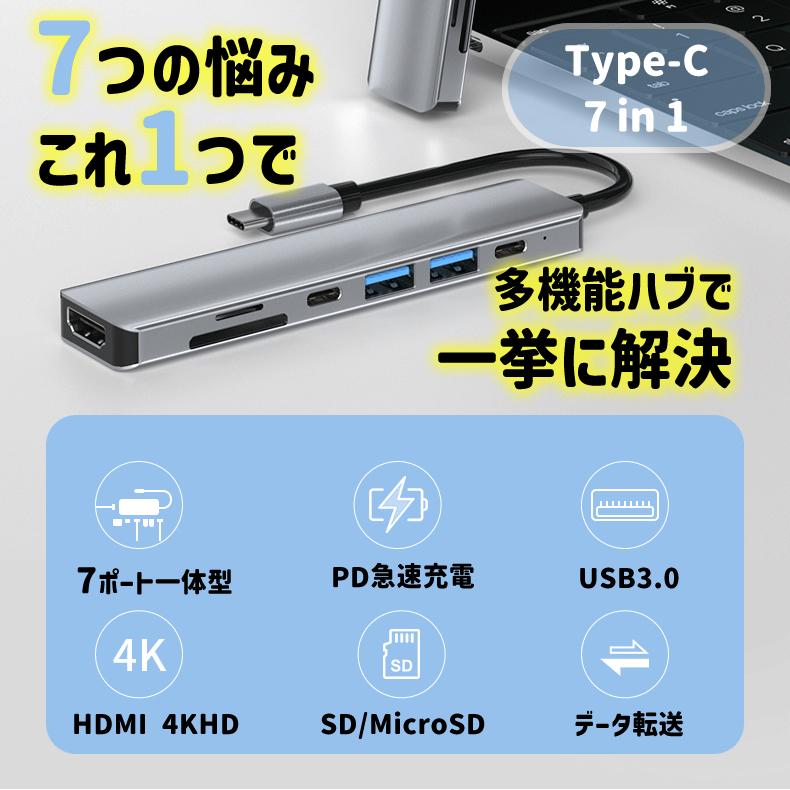 USB Type-C ハブ 7in1 SDカードリーダー HDMI ポート 4K高画質 PD急速充電 USB 3.0 タイプC Macbook Android iPad ノートパソコン Windows Surface｜topwood｜02