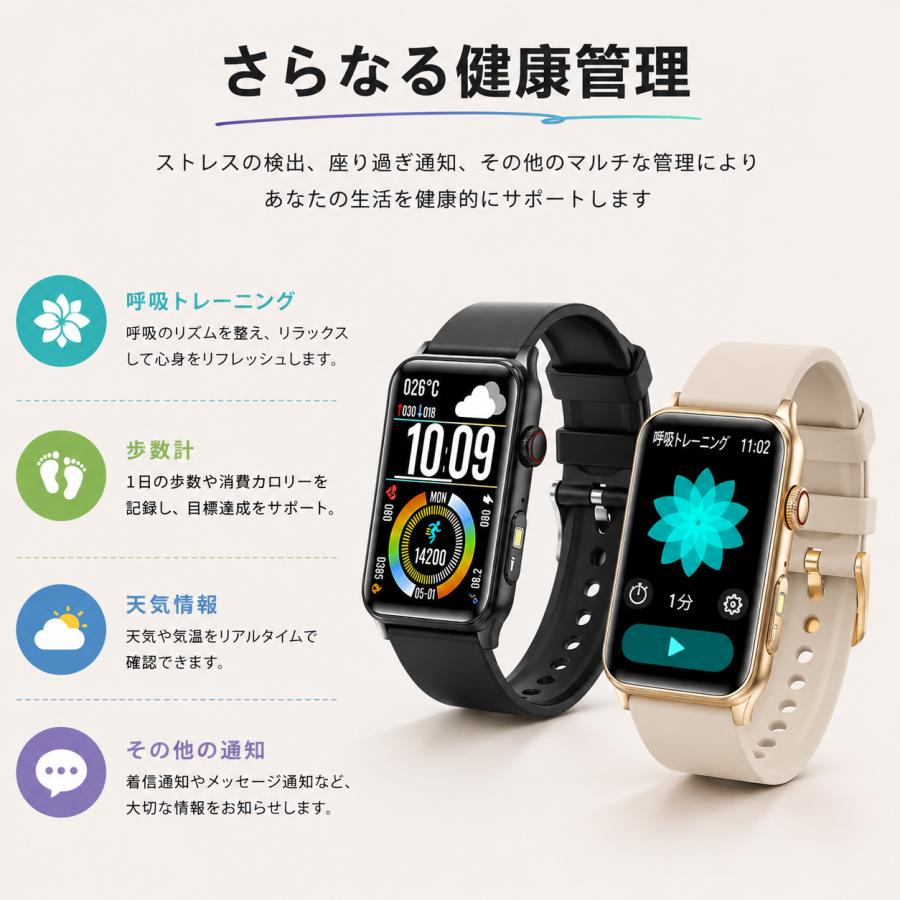 スマートウォッチ 着信通知 1.57インチ大画面 歩数計 心拍数 女性生理