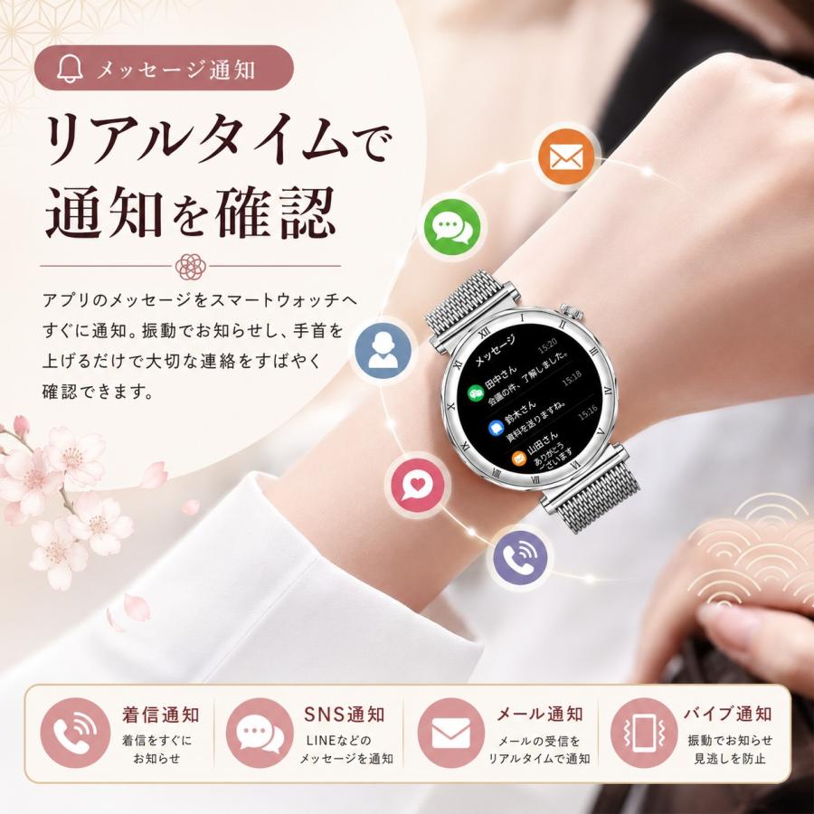 スマートウォッチ レディース 最新 通話機能 心拍数 女性 IP68防水 