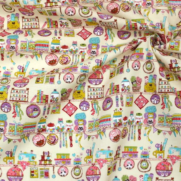 猫の手芸店 ミシン ネコ柄 シーチング 綿100％ 生地 COCO2602-3 約110cm幅 日本製 ゆうパケット2.5ｍ対応【10cm単位価格】 |  | 07
