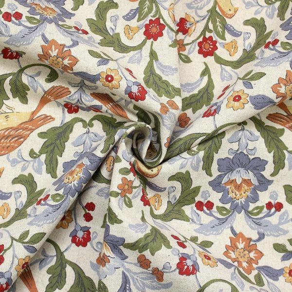 生地 布 鳥と草花 英国風 ダマスク柄 カラフル 小鳥 花柄 綿麻