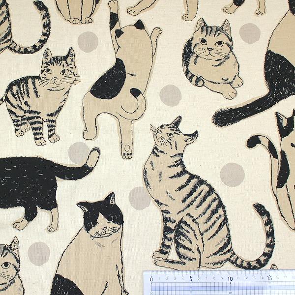 生地 布 ビッグネコ 猫 ねこ ドット 水玉 綿麻キャンバス 綿85％ 麻15