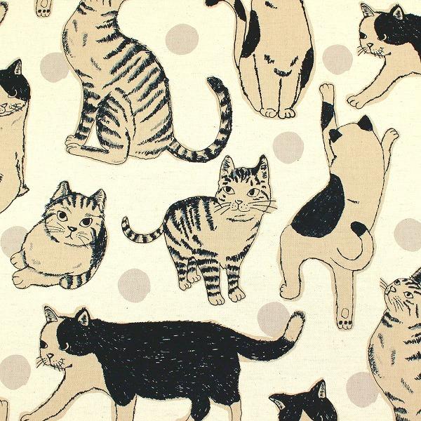 生地 布 ビッグネコ 猫 ねこ ドット 水玉 綿麻キャンバス 綿85％ 麻15
