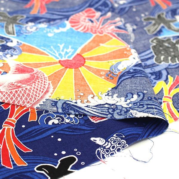 生地 布 めでたい大漁柄 大漁旗 エビ 鯛 魚 和柄 スケア シーチング 綿