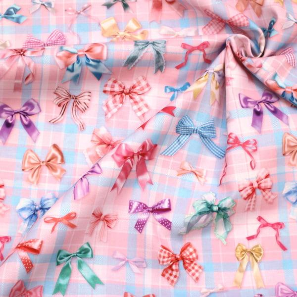 リボン柄 スイートリボンコレクション チェック mingswim デジタルプリント シーチング 綿100％ 生地 約110cm幅 MS-015 ゆうパケット2.5ｍ対応 10cm単位価格 |  | 05