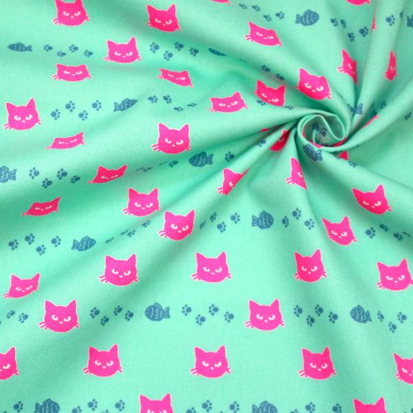 生地 布 蛍光顔料プリント ネオンキャット フェイス柄 肉球 魚  NEON CAT オックス 綿100% 約110cm幅 ゆうパケット2ｍ対応 10cm単位価格 |  | 08