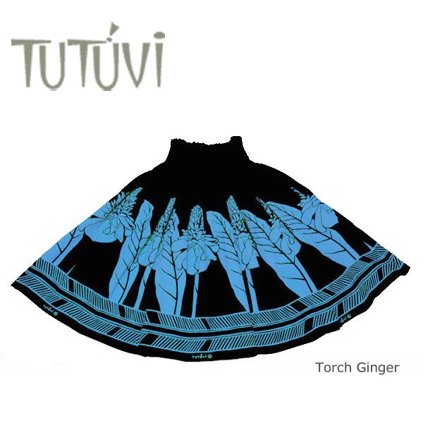 【美品】TUTUVI パウスカート ブラック×ブルー ジンジャー柄 フラダンス パウスカート TUTUVI トーチジンジャー ブラック・ブルー