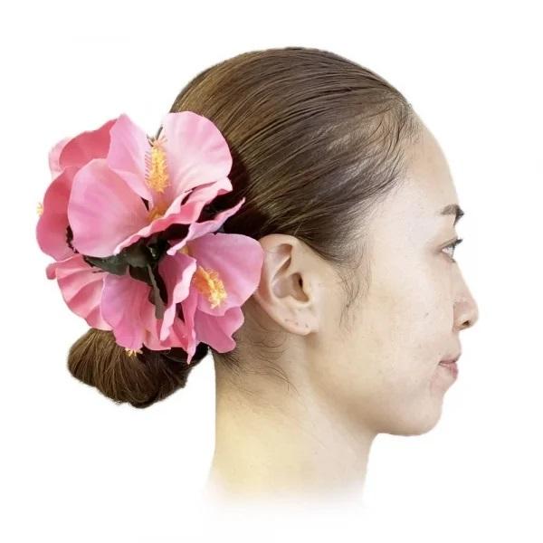 ヘアクリップ 髪飾り ベルベットハイビスカスクリップ 色：ピンク
