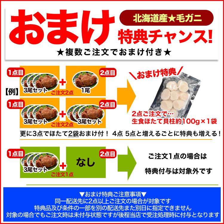 在庫限り最安値に挑戦 超特大 毛ガニ 800g 前後×3尾 北海道産 姿 味噌 けがに 毛がに カニ 蟹 かに 折脚たし脚入る場合あり 2点以上から注文数に応じオマケ付き |  | 02