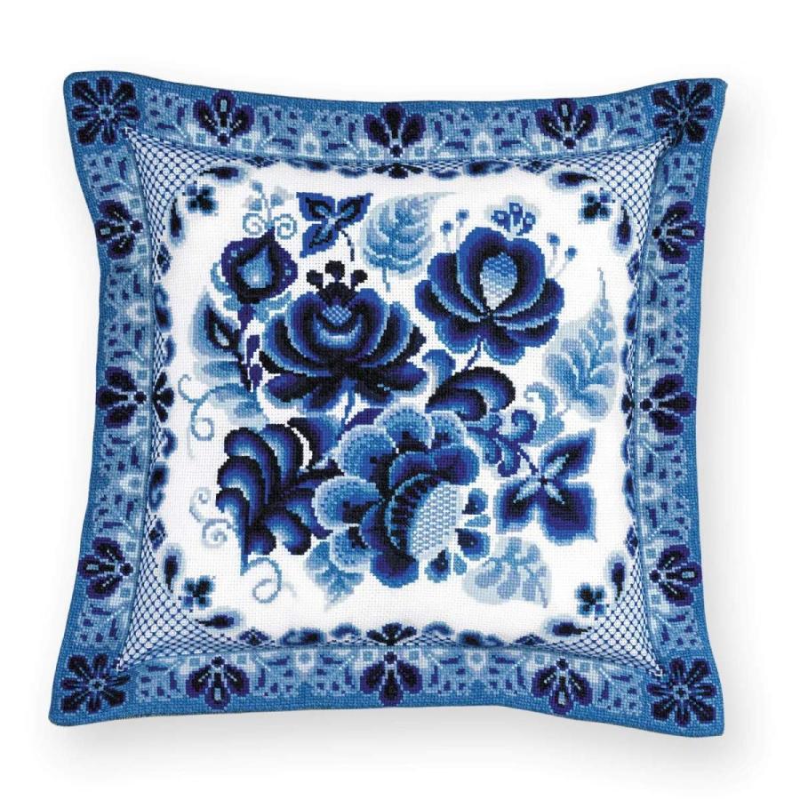 RIOLIS クロスステッチ刺繍キット No.1830 \"Cushion/Panel Gzhel Painting\" (グジェリ陶器のクッション/パネル) 40cm角 【海外取り寄せ/納期30〜60日程度】
