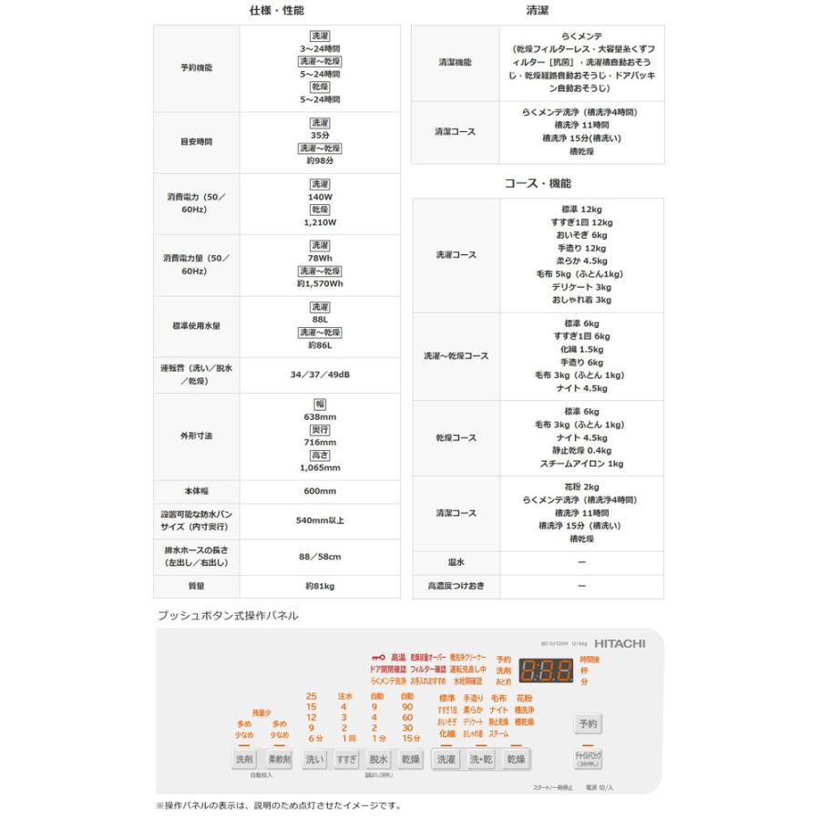 日立（HITACHI） ビッグドラム 洗濯機 洗濯・脱水容量12kg BD-SV120ML