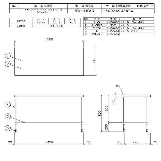 調理台・スノコ板付 ブリームシリーズ 業務用厨房機器 マルゼン BW