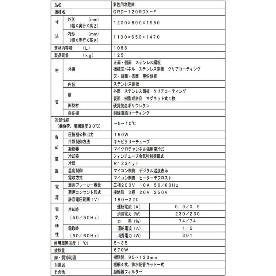 タテ型冷蔵庫 業務用冷蔵機器 1088L フクシマガリレイ GRD-120RDX-F【新品】【メーカー直送品】【代引・土日祝配送・時間指定 不可】の画像