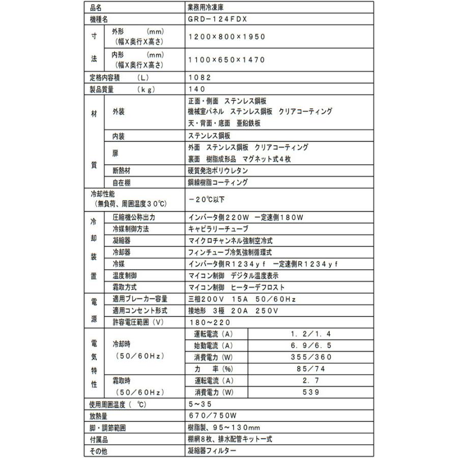 タテ型冷凍庫 業務用冷凍機器 1082L フクシマガリレイ GRD-124FDX【新品】【メーカー直送品】【代引・土日祝配送・時間指定 不可】の画像