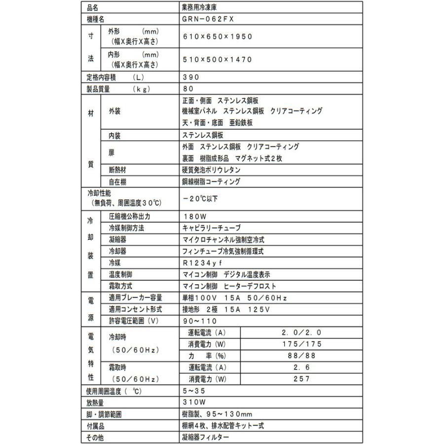 タテ型冷凍庫 業務用冷凍機器 390L フクシマガリレイ GRN-062FX【新品】【メーカー直送品】【代引・土日祝配送・時間指定 不可】の画像