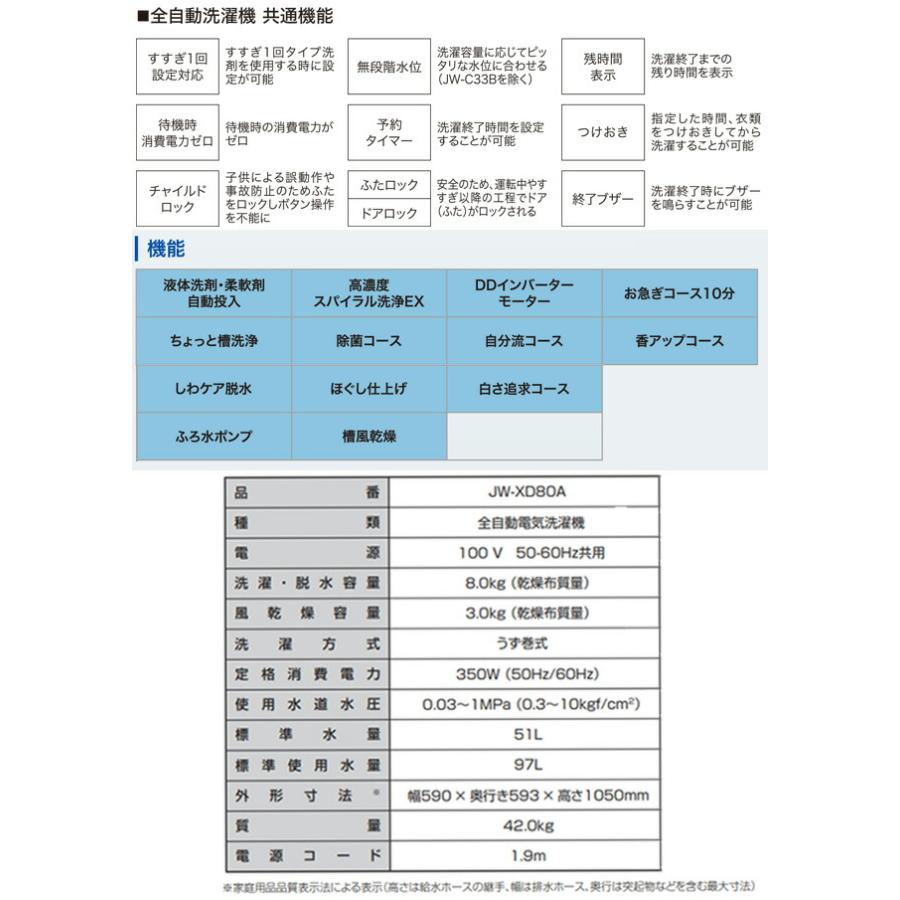 XDシリーズ 洗濯機 洗濯・脱水容量：8.0kg ハイアール JW-XD80A-W 縦型