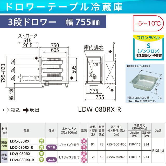 業務用冷蔵機器 123L フクシマガリレイ LDW-080RX-R 3段ドロワーテーブル冷蔵庫【新品】【メーカー直送品】【代引・土日祝配送・時間指定 不可】の画像